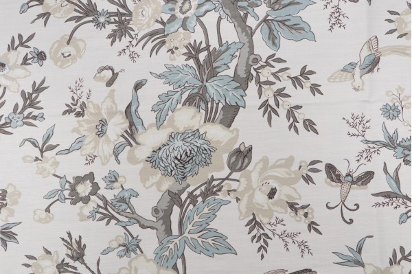 Anna French Nemour F936131 Printed Linen Blend Drapery Fabric in Beige and Aqua for Thibaut