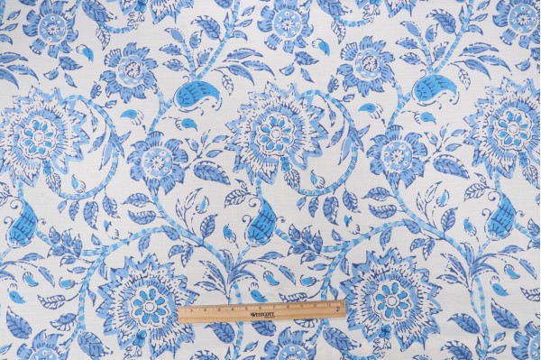 Thibaut Sevita F964110 Printed Linen Blend Drapery Fabric in Blue and White
