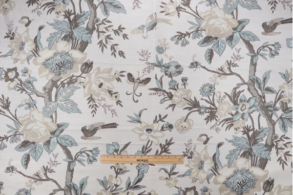 Thibaut Nemour F936131 Printed Linen Blend Drapery Fabric in Beige and Aqua