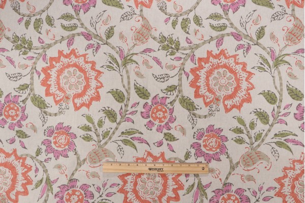 Thibaut Sevita F964113 Printed Linen Blend Drapery Fabric in Fuchsia and Coral