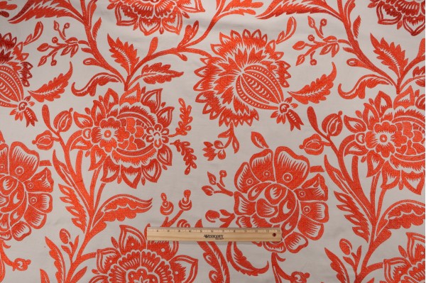Anna French Rivera W713047 Embroidered Drapery Fabric in Coral on Flax for Thibaut