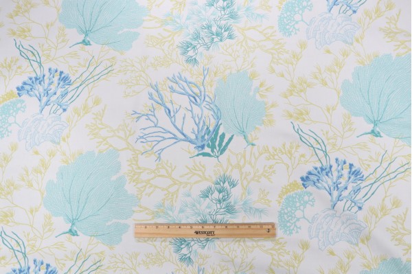 Thibaut Molokini F95735 Printed Cotton Drapery Fabric in Aqua and Green