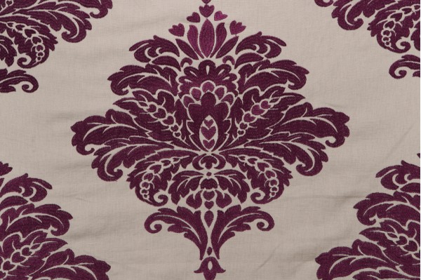 Thibaut Arturo Damask W713016 Embroidered Drapery Fabric in Dark Purple on Flax