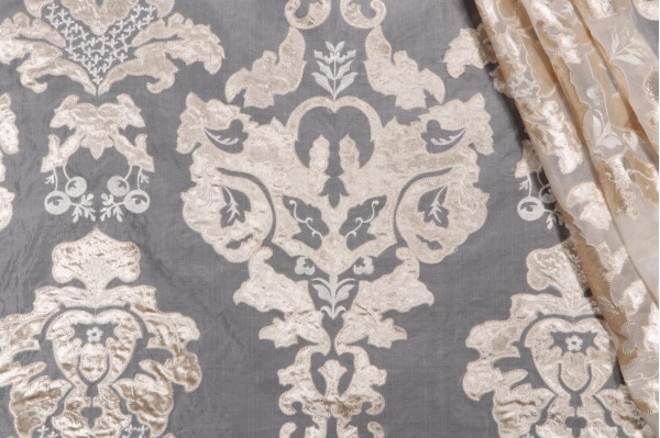 Scalamandre Palazzo Ricci Sheer Embroidered Silk Velvet Drapery Fabric in Ivory