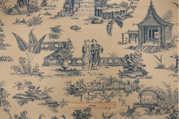 Sample of Titley & Marr Oriental Toile Printed Drapery Fabric in Blue for Scalamandre 