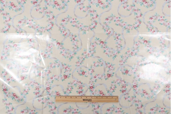 Sample of Scalamandre Montpelier Chintz with Border Printed Polished Cotton Drapery Fabric in Ecru/Salmon 