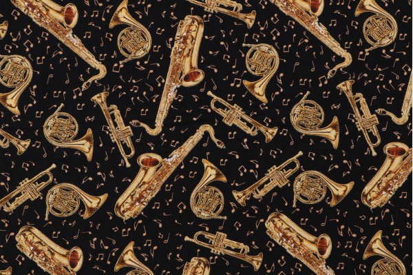 Timeless Treasures Classical Music - Tossed Brass Instruments Printed Cotton Craft Fabric in Black 
