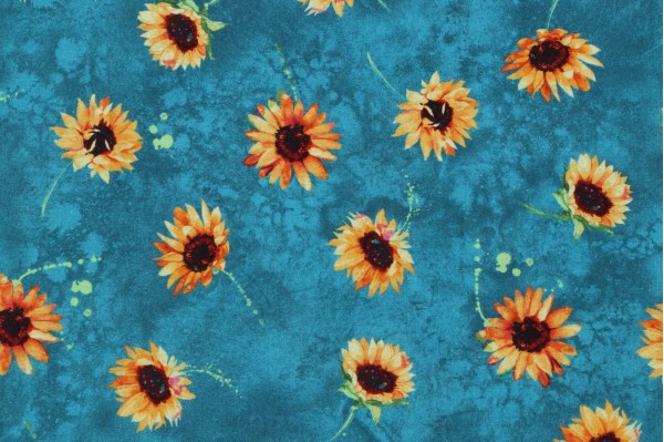 Chong-A Hwang Fabrics of SoHo Sundance - Tossed Small Sunflowers Printed Cotton Craft Fabric in Teal for Timeless Treasures 