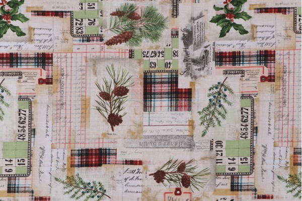 Sample of Tim Holtz Holidays Past - Woodland Collage Printed Cotton Craft Fabric in Multi for Free Spirit 