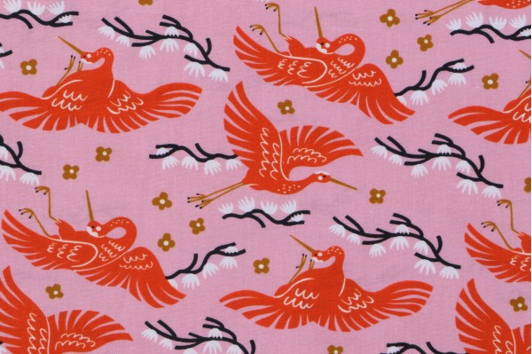 Faye Guanipa Take Me To Tokyo - Cranes Printed Cotton Craft Fabric in Pink for Dear Stella 