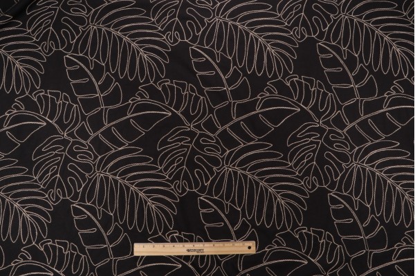 Sample of Tommy Bahama Monstera Embroidered Drapery Fabric in Ebony 