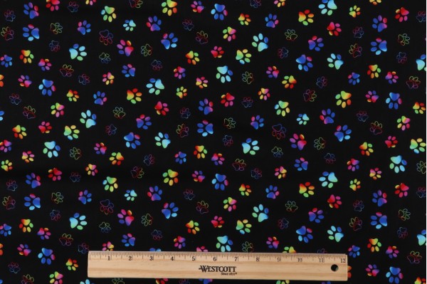 Chong-A Hwang Fabrics of SoHo Wildcat - Rainbow Paw Prints Printed Cotton Craft Fabric in Black for Timeless Treasures