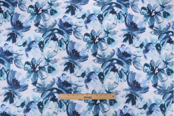 Sample of Crypton Florescence High Performance Printed Decorator Fabric in Indigo on Linen 