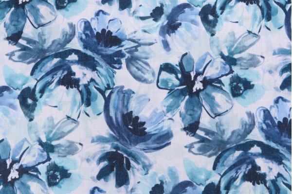 Sample of Crypton Florescence High Performance Printed Decorator Fabric in Indigo on Linen 