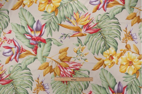 Grey Watkins Key West Hand-Printed Cotton Drapery Fabric in Cream for Scalamandre