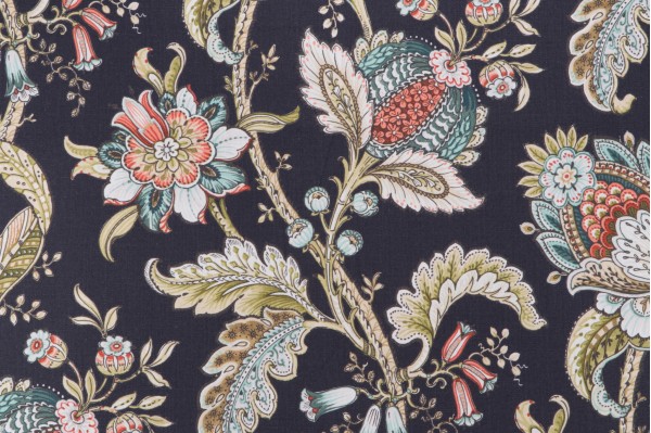 Asha Printed Cotton Drapery Fabric in Navy