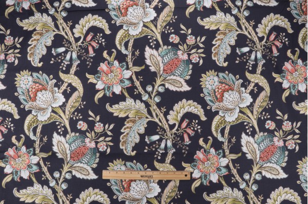 Asha Printed Cotton Drapery Fabric in Navy