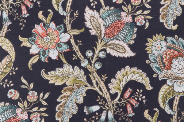 Asha Printed Cotton Drapery Fabric in Navy