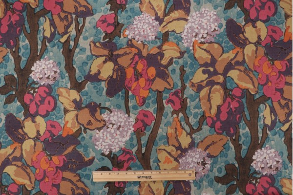 P Kaufmann Bell Blooms Printed Linen Blend Drapery Fabric in Cyan
