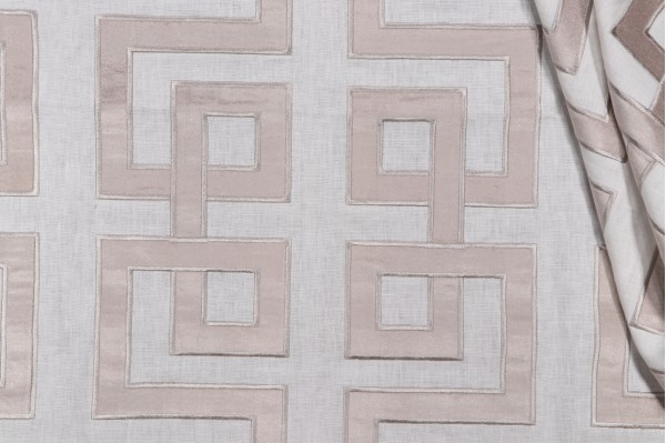 Chenille Applique Embroidered Drapery Fabric in Dove