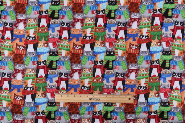 Gail Cadden Cool Cats & Treats - Cats With Holiday Scarf Printed Cotton Craft Fabric in Multi for Timeless Treasures 