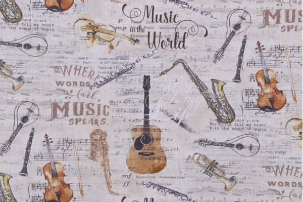 Click for Timeless Treasures Sonata - Instruments Sheet Music Printed Cotton Craft Fabric in Antique  Timeless Treasures Sonata - Instruments Sheet Music Printed Cotton Craft Fabric in Antique