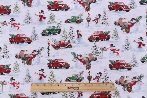 Sample of Dona Gelsinger Frosty Delights - Snowman & Trucks Printed Cotton Craft Fabric in White for Timeless Treasures 