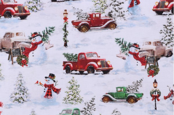 Sample of Dona Gelsinger Frosty Delights - Snowman & Trucks Printed Cotton Craft Fabric in White for Timeless Treasures 