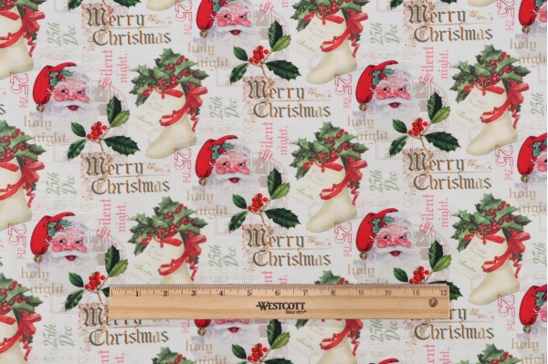 Timeless Treasures Christmas Memories - Vintage Santas And Writing Printed Cotton Craft Fabric in Cream 
