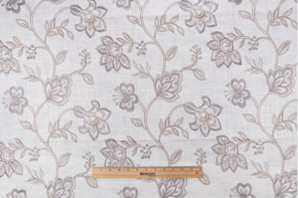 Yani Embroidered Linen Drapery Fabric in Platinum