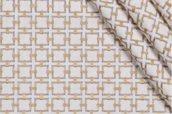 Sample of P Kaufmann Niki Embroidered Drapery Fabric in Gold Dust 
