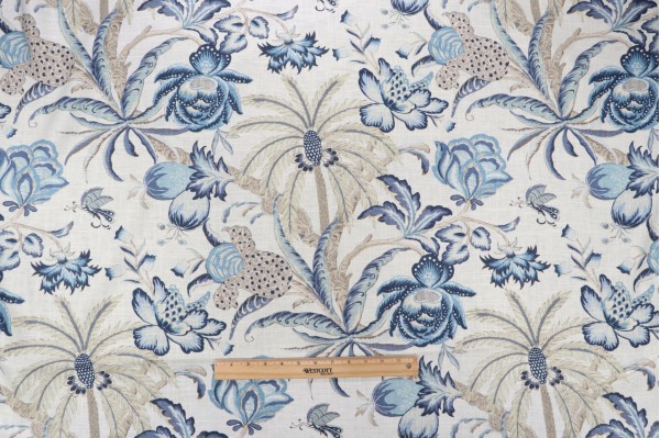 Waverly Exotic Curiosity Printed Linen Blend Drapery Fabric in Porcelain