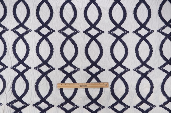 Maxine Embroidered Linen Drapery Fabric in Navy