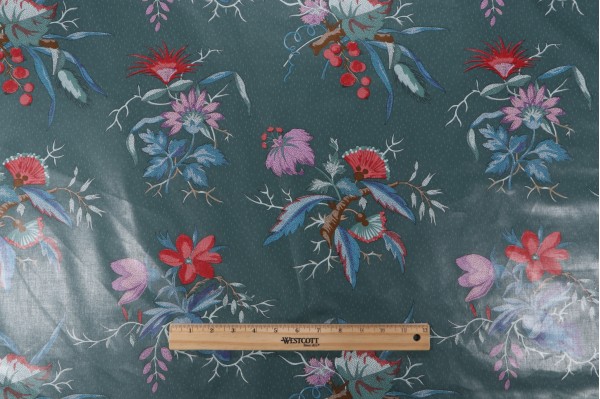 Fonthill Fleur Mystere Printed Polished Cotton Drapery Fabric in Multi/Teal