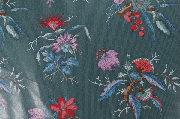 Fonthill Fleur Mystere Printed Polished Cotton Drapery Fabric in Multi/Teal