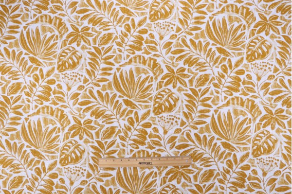 Sample of Stof France Cornelia Printed Cotton Drapery Fabric in Moutarde 