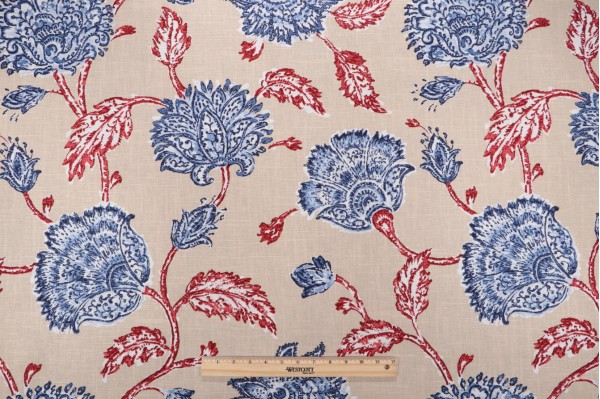 Robert Allen Agathe Printed Linen Drapery Fabric in Red and Blue