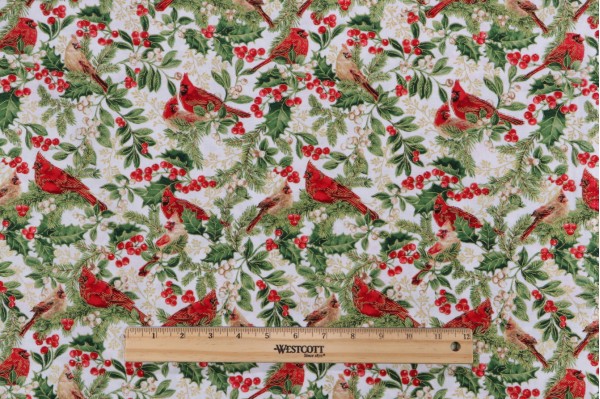 Timeless Treasures Christmas Magic - Cardinals on Branches Printed Cotton Craft Fabric in Cream