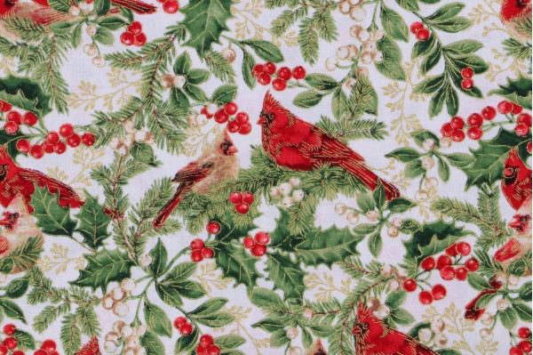 Timeless Treasures Christmas Magic - Cardinals on Branches Printed Cotton Craft Fabric in Cream