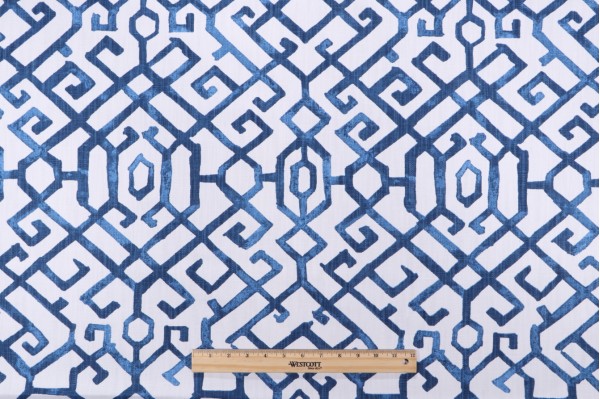 Premier Prints Jing-Slub Linen White Printed Drapery Fabric in Courtyard Blue