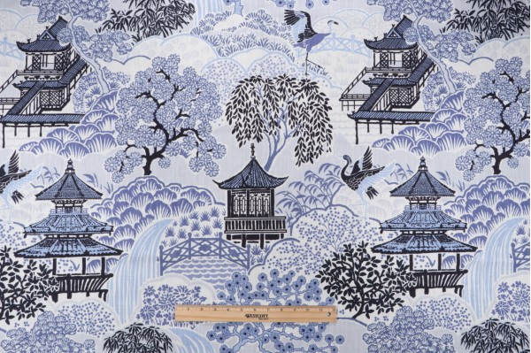 Mill Creek Tea House-Briard Printed Cotton Blend Drapery Fabric in Ocean Blue
