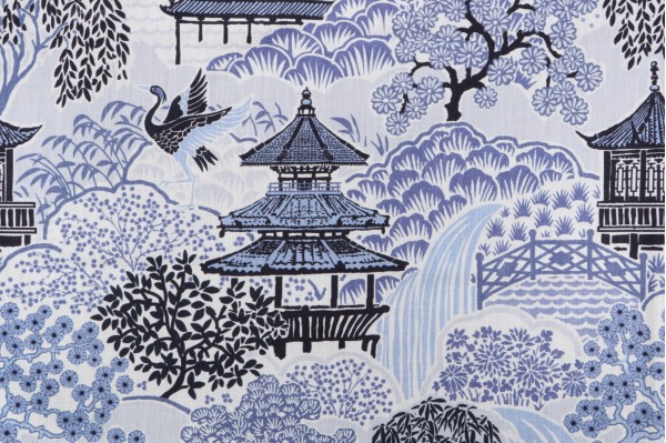 Mill Creek Tea House-Briard Printed Cotton Blend Drapery Fabric in Ocean Blue