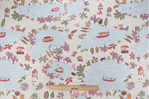 Edinburgh Weavers Como Toile Printed Linen Blend Drapery Fabric in Aqua 