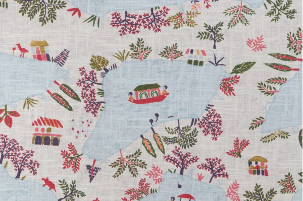 Edinburgh Weavers Como Toile Printed Linen Blend Drapery Fabric in Aqua 
