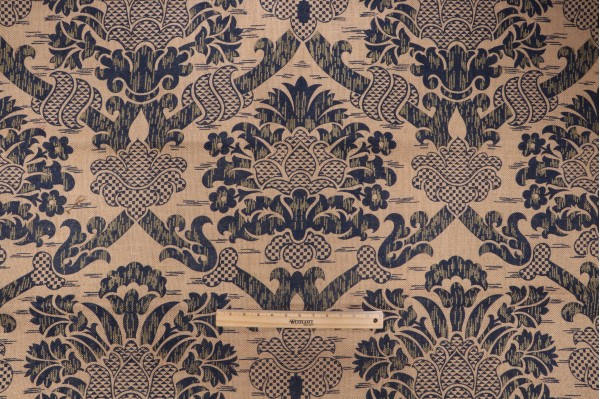 Scalamandre Schloss on Hessian Printed Jute Drapery Fabric in Blue/Gold