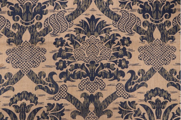 Scalamandre Schloss on Hessian Printed Jute Drapery Fabric in Blue/Gold