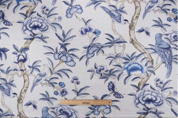 Thibaut Giselle F914224 Printed Linen Blend Drapery Fabric in Blue and White