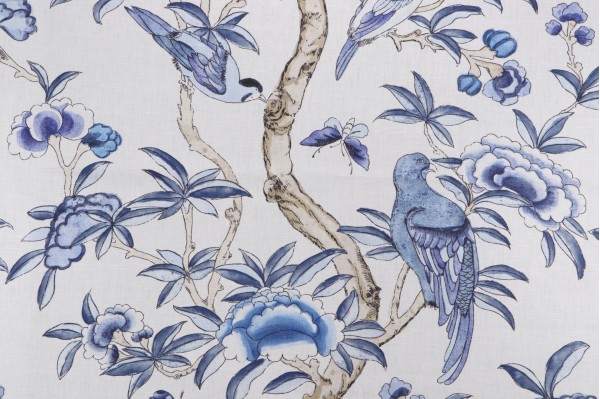 Thibaut Giselle F914224 Printed Linen Blend Drapery Fabric in Blue and White