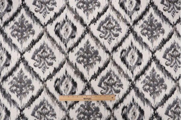 Ikat Medallion Chenille Tapestry Upholstery Fabric in Greystone 