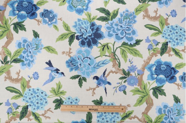 Waverly Celeste Printed Cotton Drapery Fabric in Luna 